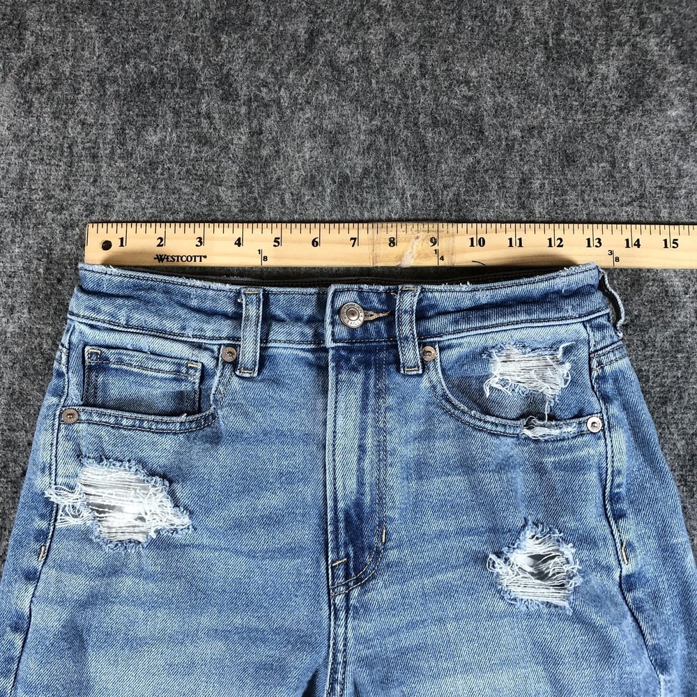 American Eagle Mom Straight Jeans Womens 2 Short Light Wash Distressed Stretch - Picture 9 of 16